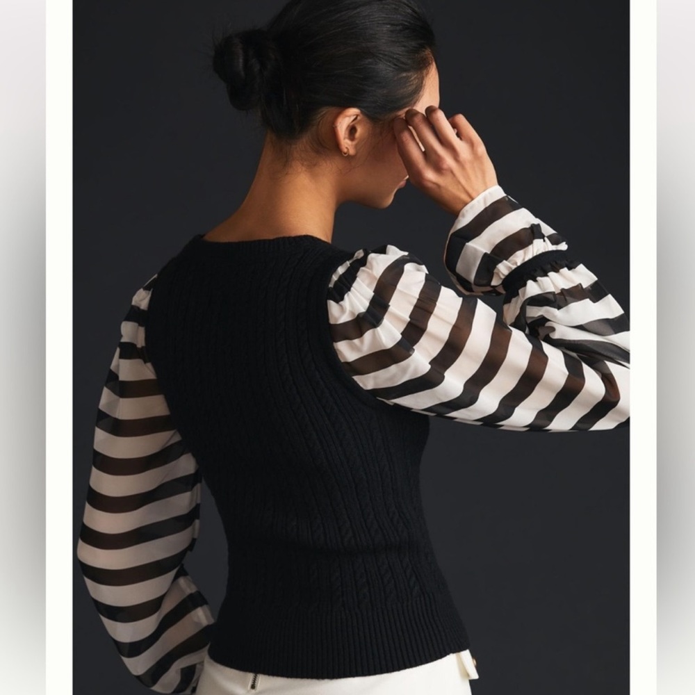 ANTHROPOLOGIE Maeve black and white cable knit contrast sweater M - Picture 3 of 11